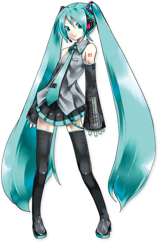 Official Hatsune Miku character artwork with turquoise twin-tails and her classic stage outfit